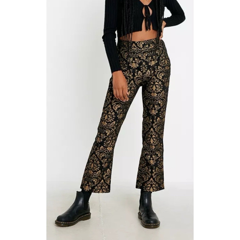 Urban Outfitters Womens 4 Black Gold Jaquard Nicky Flare‎ Trouser Pant Holiday